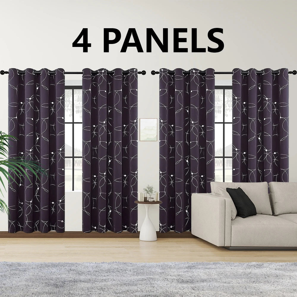 Blackout Thermal Insulated Room-Darkening Curtains – 4-Piece Grommet Circles & Dots Foil Print (Bedroom Set)