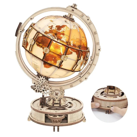 “Robotime ROKR Luminous World – 3D Wooden Puzzle Model Kit with LED Light & Rotating Base, DIY Construction Gift”