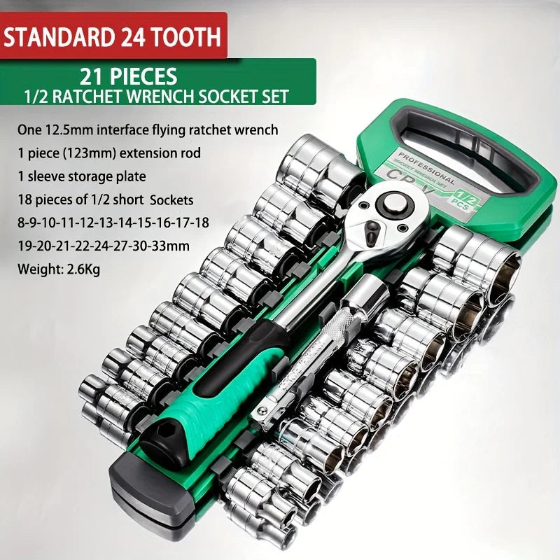 24-Tooth Drive Socket Wrench Set — 1/4" + 3/8" + 1/2" Ratchet | Compact Multi-Socket Kit for Car & Mechanical Repair