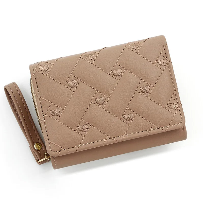 Women’s Heart Embroidered Short Wallet – Triple Fold PU Leather Purse with Multi-Card Slots & Large Capacity