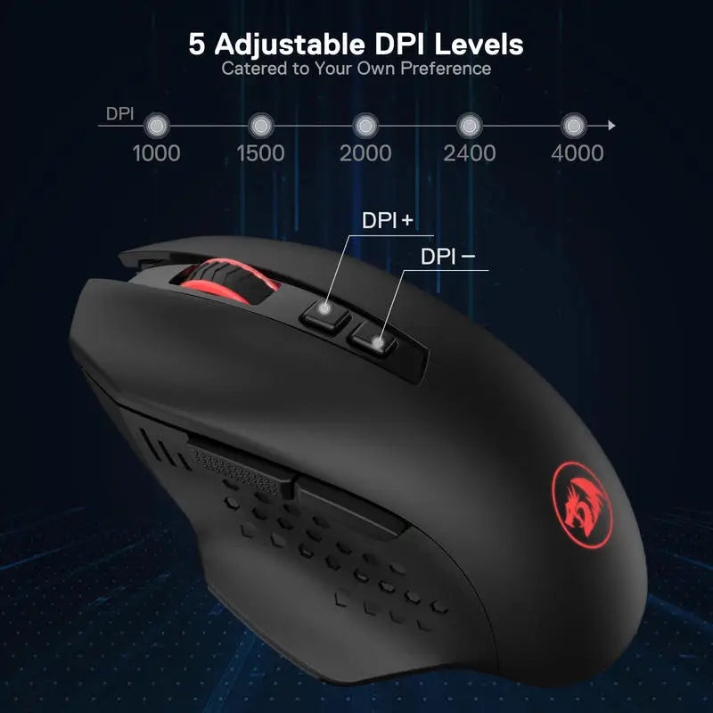 Redragon M656 Gainer Wireless Gaming Mouse – 2.4G Mouse with 4,000 DPI, 5 DPI Levels, 7 Macro Buttons & Red LED Backlight