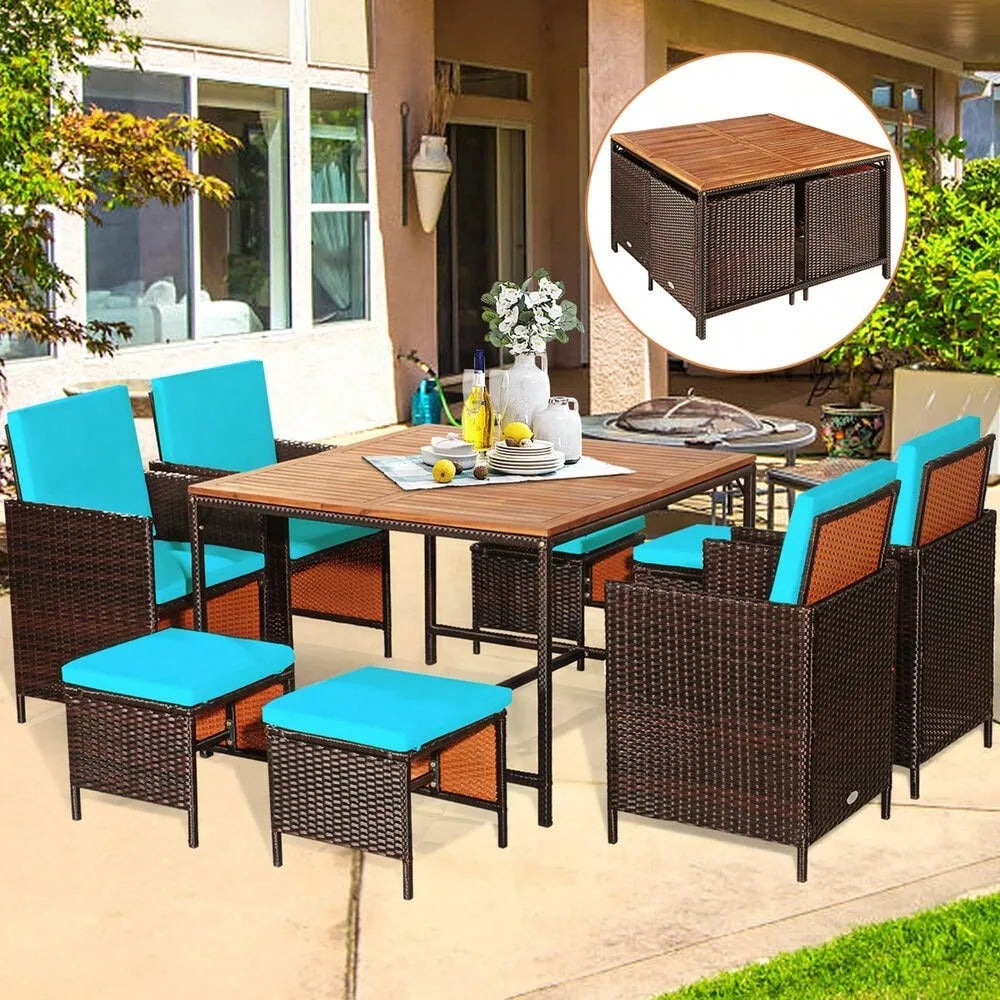 “9-Piece Rattan Wicker Patio Dining Set – Outdoor Dining Table & Chairs with Turquoise Cushions”