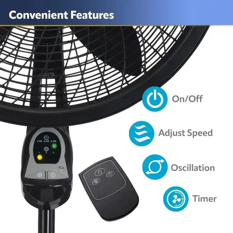 18″ Oscillating Cyclone Pedestal Fan – 3 Speeds, Adjustable Height, Timer & Remote Control