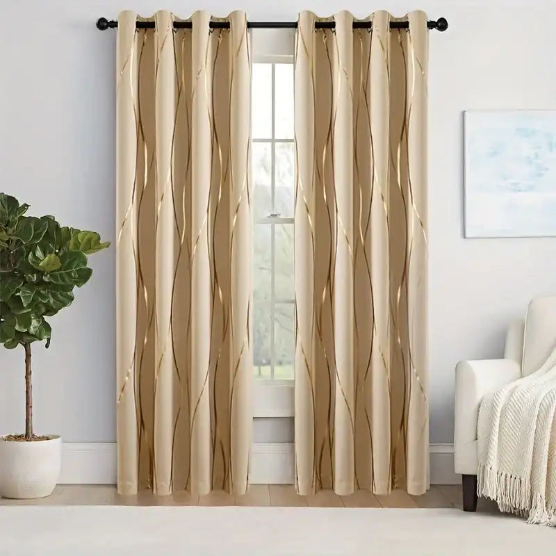 “2-Piece Golden Wave Blackout Curtains – Thermal Insulated Light-Filtering Drapes with Grommet Top for Living Room & Bedroom”