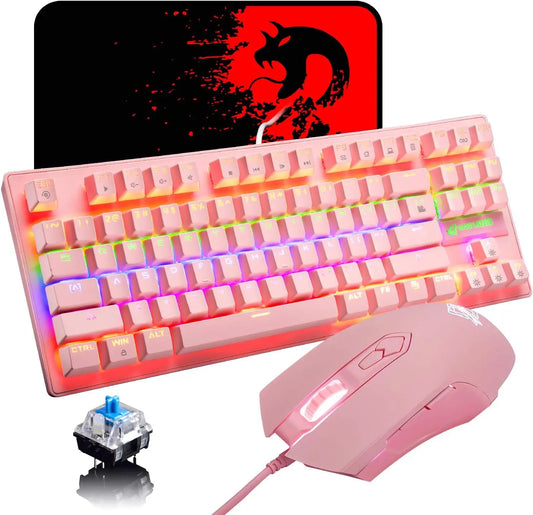 Mambasnake X Ziyou Lang K2 Wired Gaming Keyboard and Mouse Set – Mini 87-Key Mechanical Keyboard with Pink/Blue Switch & Precision Gaming Mouse
