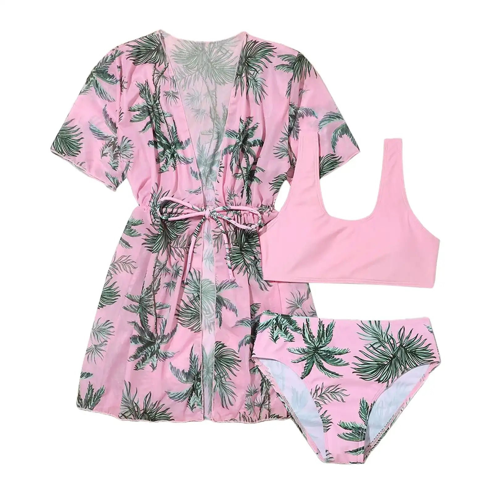 Green Floral Print 3-Piece Bikini Set for Girls (Toddler & Kids)