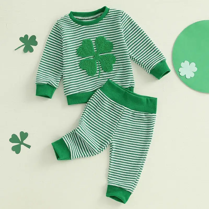 Toddler & Baby Boys Shamrock Embroidery Sweatshirt & Stripes Pants Set – Spring St. Patrick’s Day Outfit