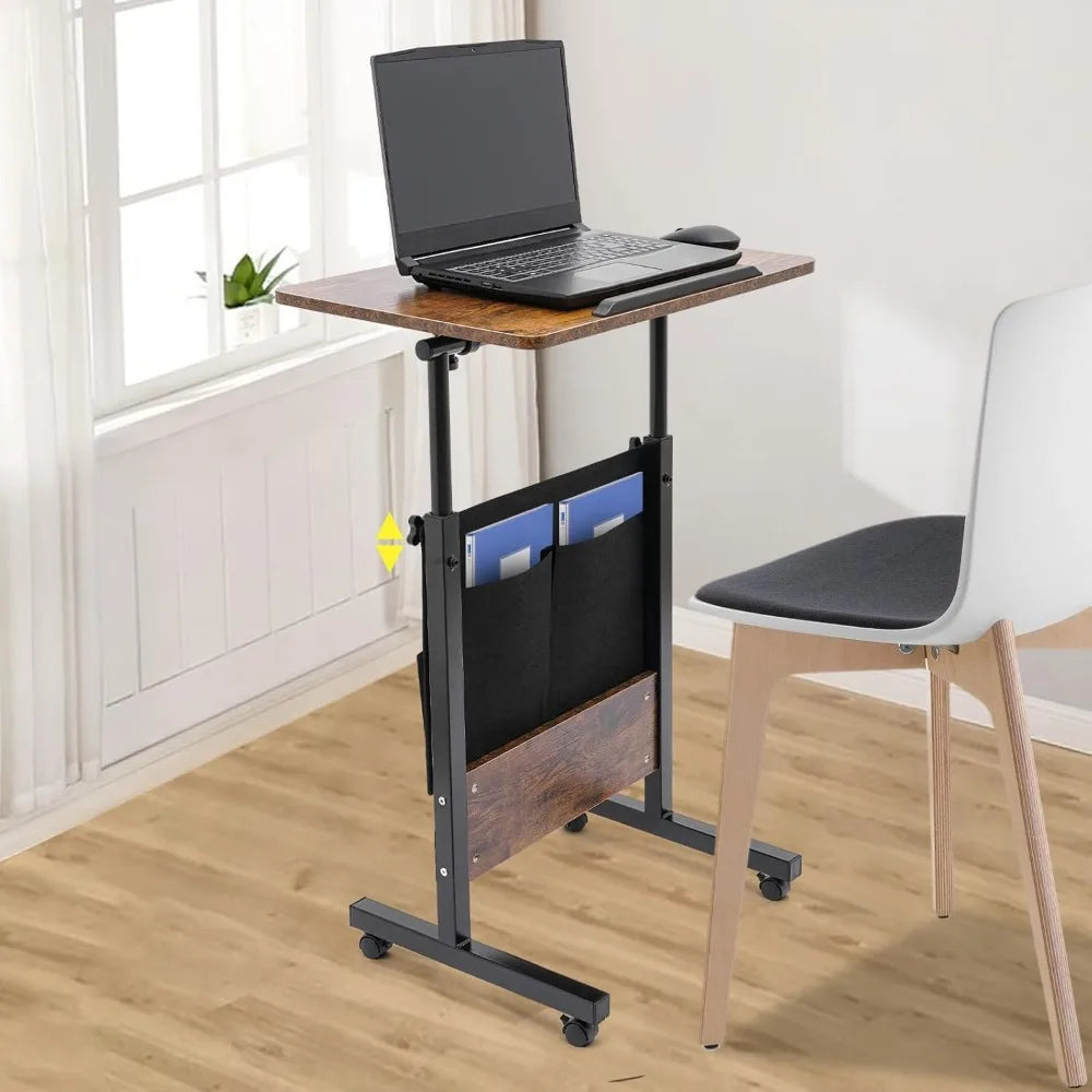 🖥️ Standing Desk 16–24 Inches – Portable Laptop Desk with Lockable Wheels & Rolling Stand-Up Workstation (Brown/Black)