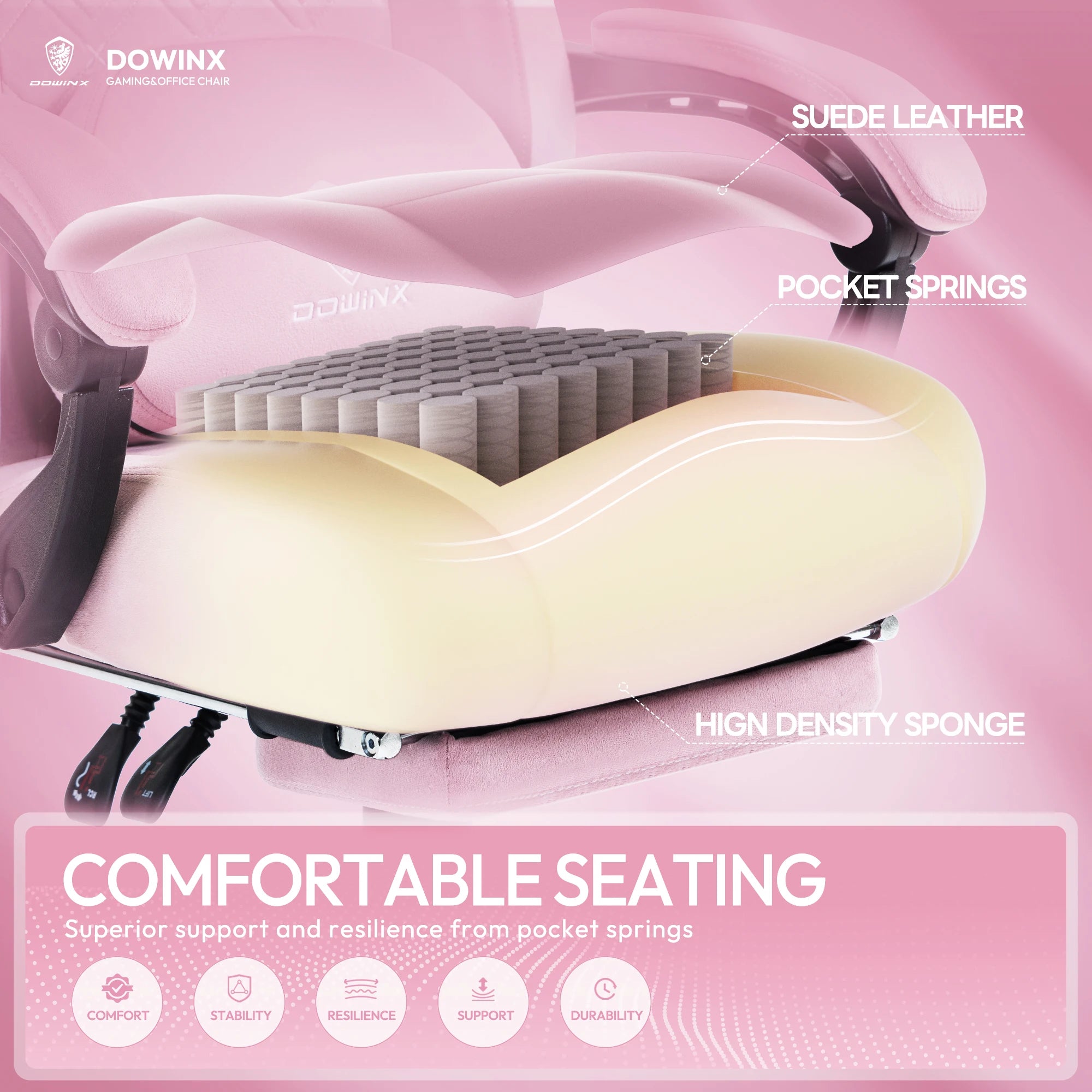 Dowinx Gaming Chair – Heated Massage Lumbar Support, Breathable Fabric Office Chair with Pocket Spring Cushion & Retractable Footrest