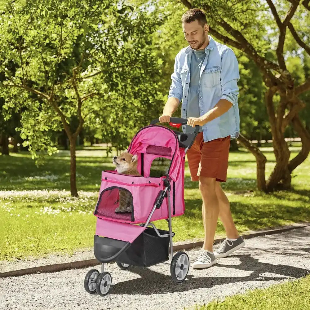 Foldable 3-Wheel Pet Stroller Cart for Dogs & Cats – Pink Cup-Holder Carrier