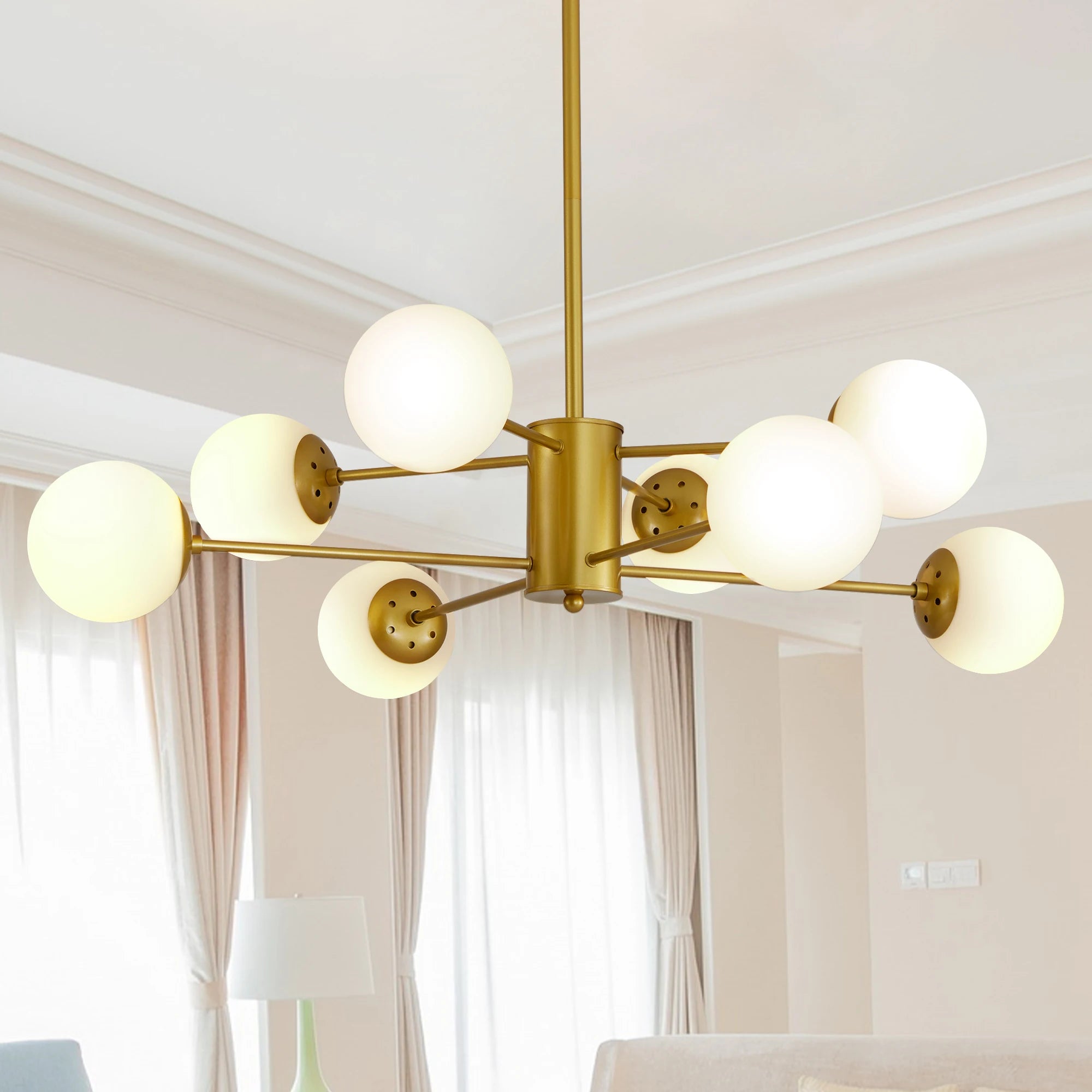 Modern 8-Light Gold Chandelier – Elegant Ceiling Light with White Glass Globe Shades (No Bulbs Included)