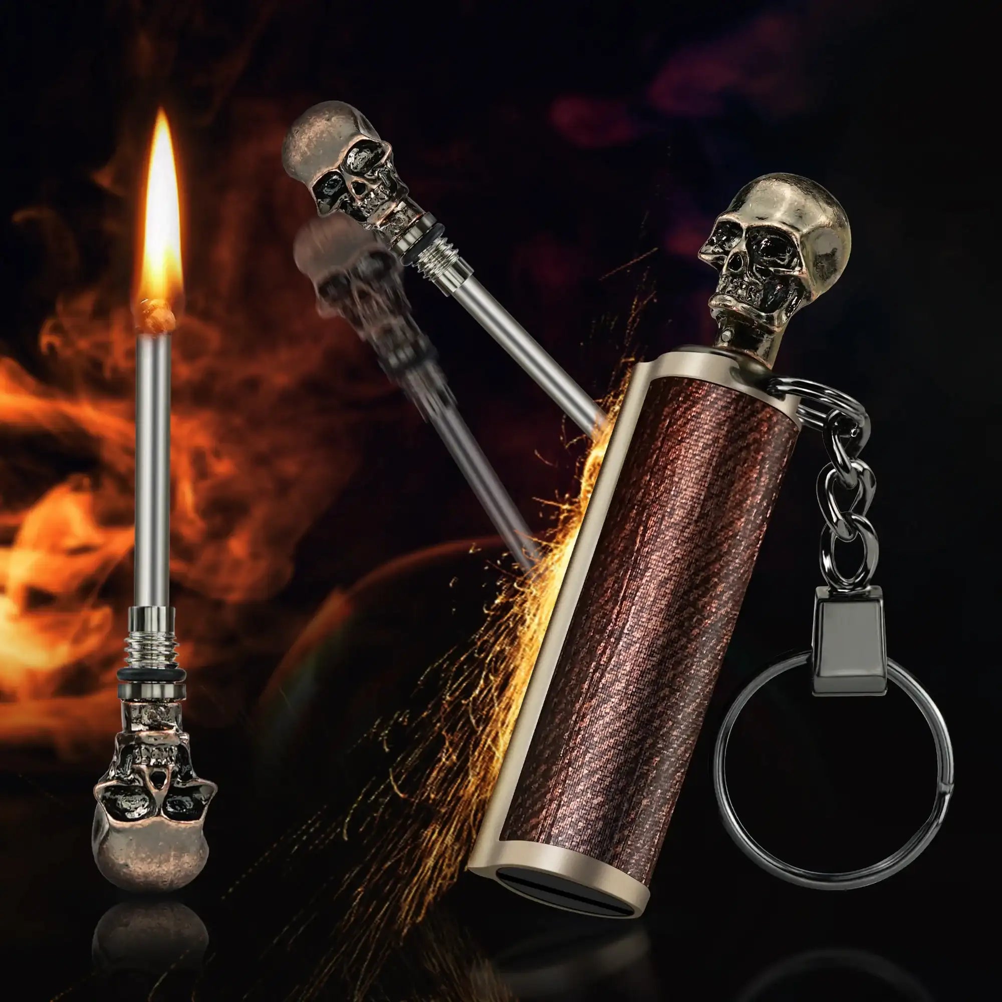 4-Piece Skull Metal Keychain Waterproof Matches & Emergency Fire Starter Kit