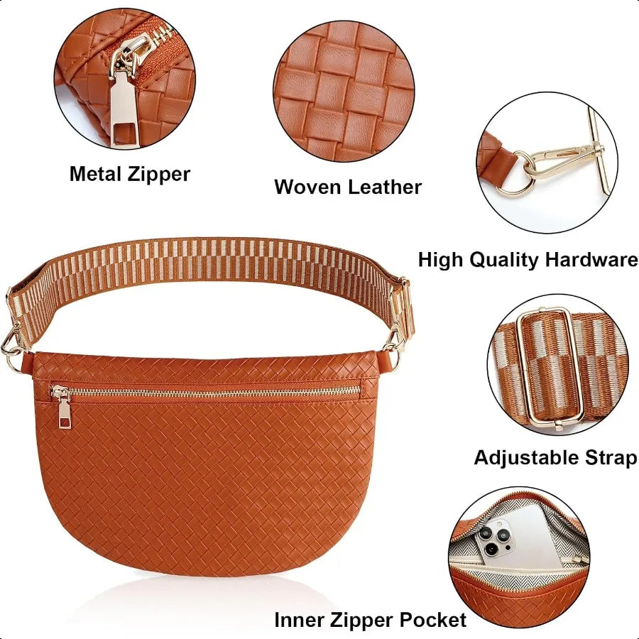 Women’s Woven Crossbody Sling Bag – PU Leather Belt Fanny Pack, Chest & Shoulder Bum Bag for Travel, Casual & Daily Wear