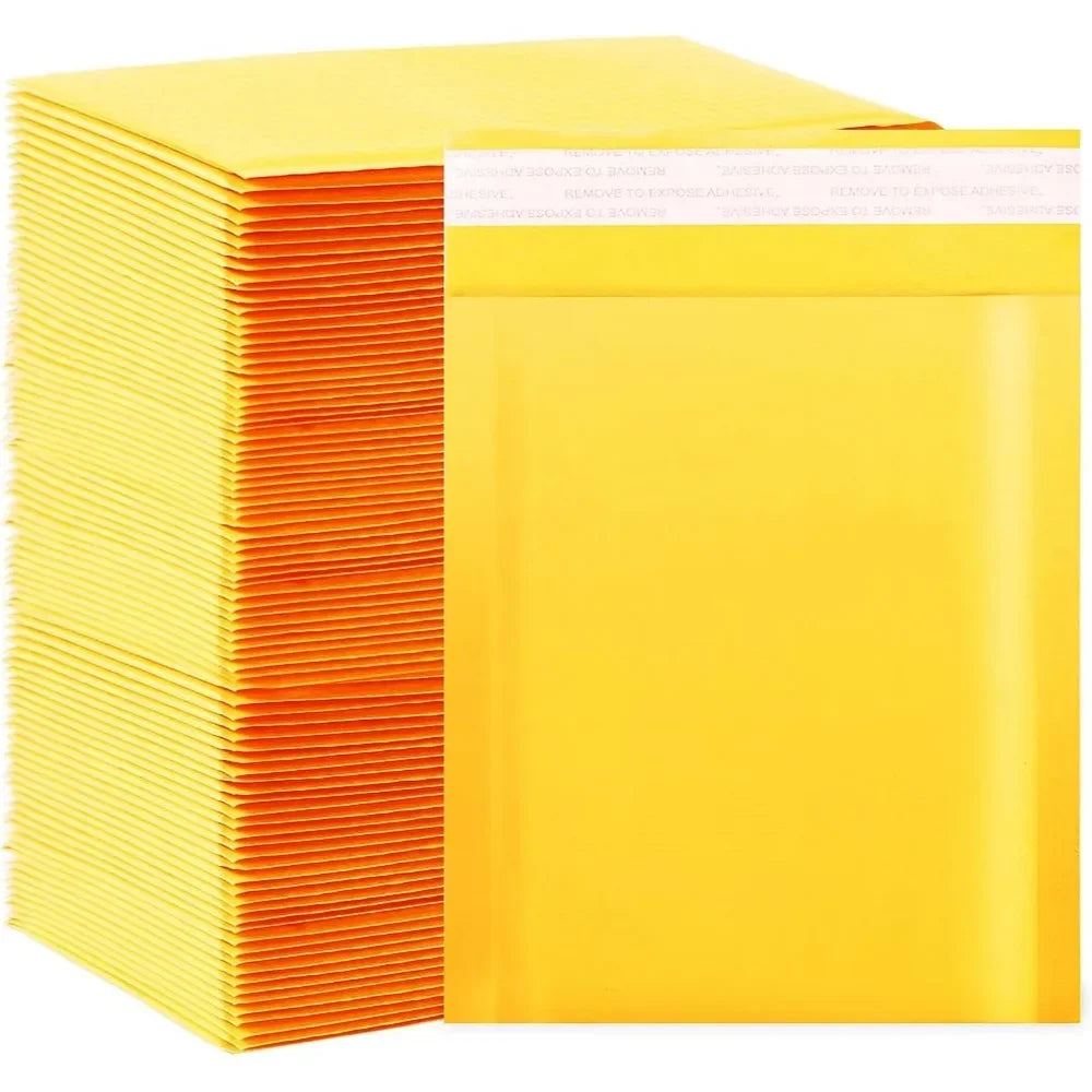 100 Pack Kraft Foam Mailers – 4″×8″ Yellow Padded Envelopes with Zip-Lock Closure for Secure Small Item Shipping