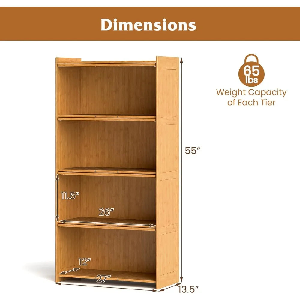 🎋 4-Tier Bamboo Bookcase with Clear Flip-Up Doors – 55" Freestanding Bookshelf & Cube Storage Organizer with Shelves
