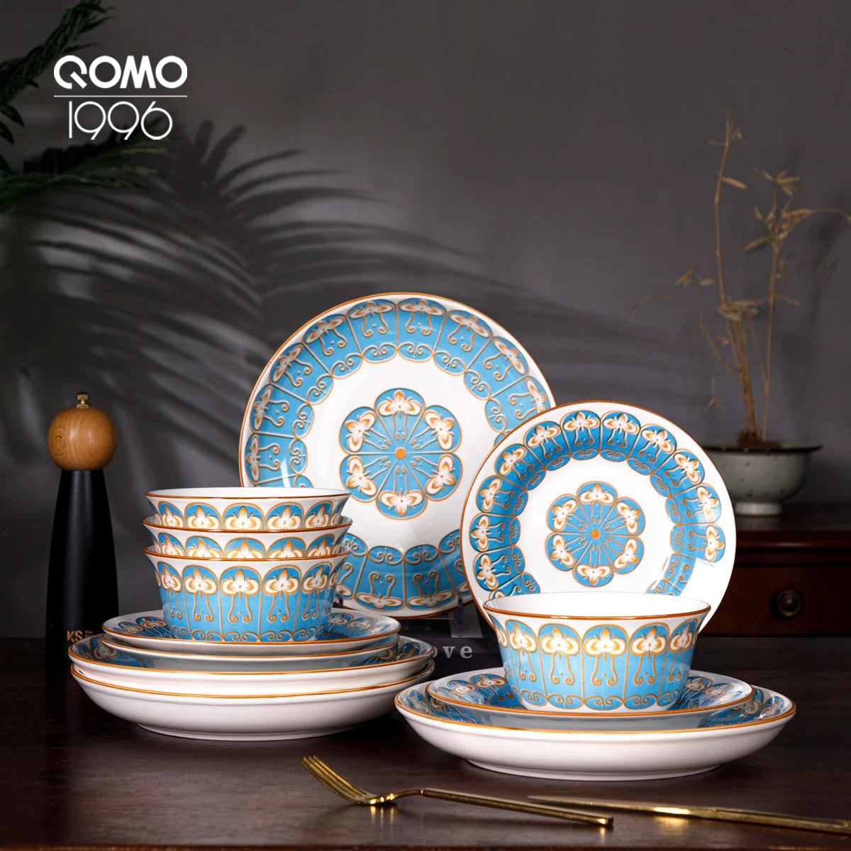 12-Piece Porcelain Dinnerware Set – Blue Ceramic Tableware with Bowls, Soup & Fruit Plates