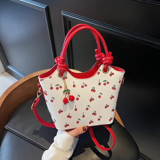 Women’s PU Leather Bucket Shoulder Bag – Cherry Print Crossbody with Adjustable Strap & Top Handle, Trendy Fashion Handbag