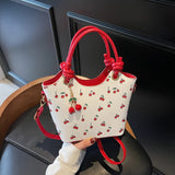 Women’s PU Leather Bucket Shoulder Bag – Cherry Print Crossbody with Adjustable Strap & Top Handle, Trendy Fashion Handbag