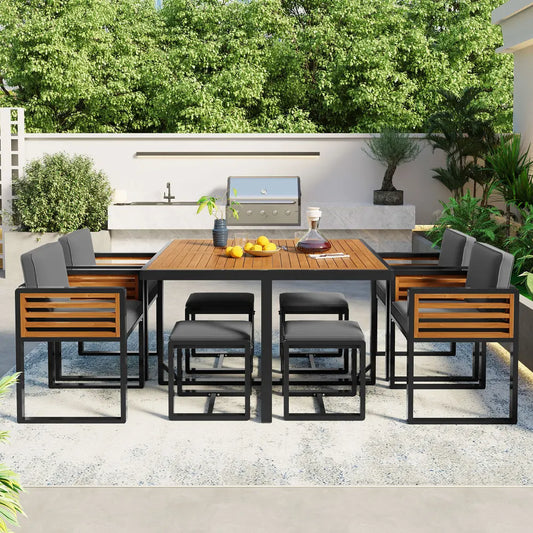 “9-Piece Acacia Wood Patio Dining Set – Space-Saving Outdoor Table, 4 Cushioned Chairs & 4 Ottomans with Square Table”