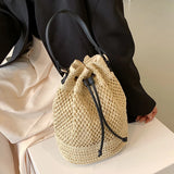 Drawstring Straw Beach Crossbody Bag for Women – Adjustable Strap Summer Shoulder Tote (Woven Raffia Style)