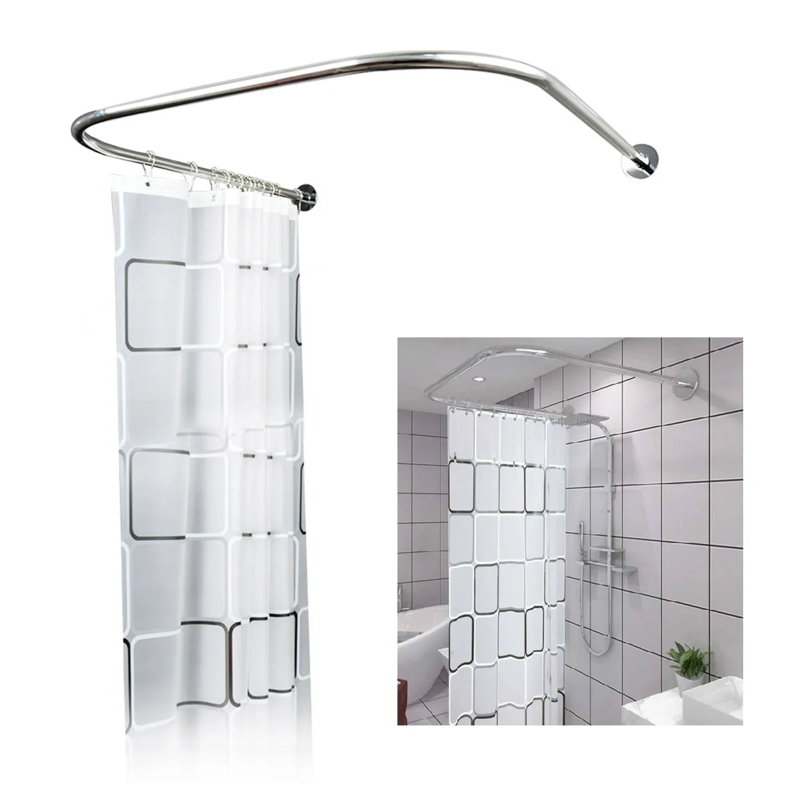 U-Shaped Adjustable Stainless Steel Shower Curtain Rod – Corner Tub & Small Bathroom Fit