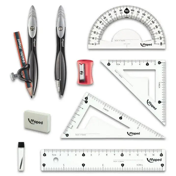 Maped Study Geometry Set – 10-Piece Metal Compass & Measuring Tool Kit for Students & Professionals