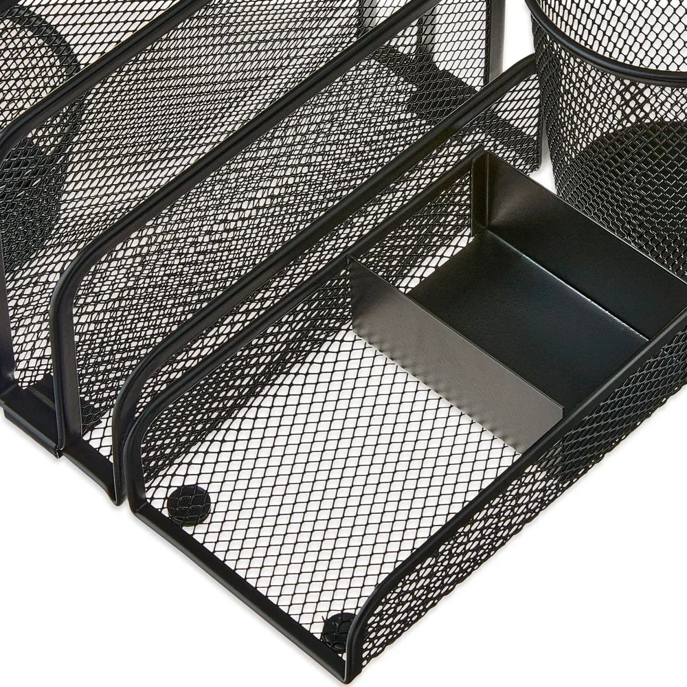 Metal Mesh 4-Piece Desk Organizer Set – Letter Sorter, Pencil Cup, Clip Holder & Memo Tray