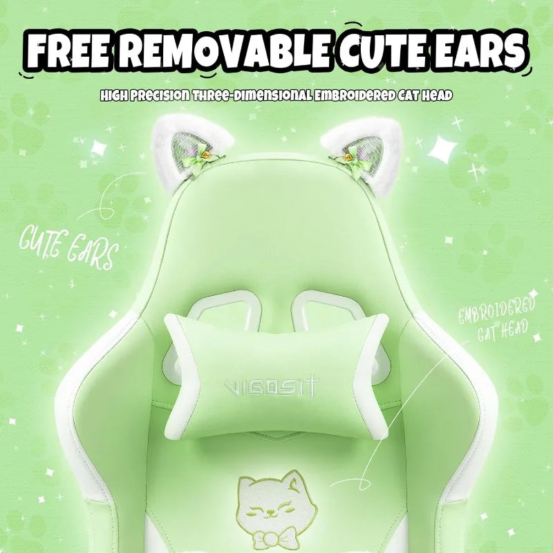 Gaming Chair with Cat Paw Lumbar Cushion & Cat Ears – Ergonomic Reclining PC Chair for Girls, Teens & Kids, Green