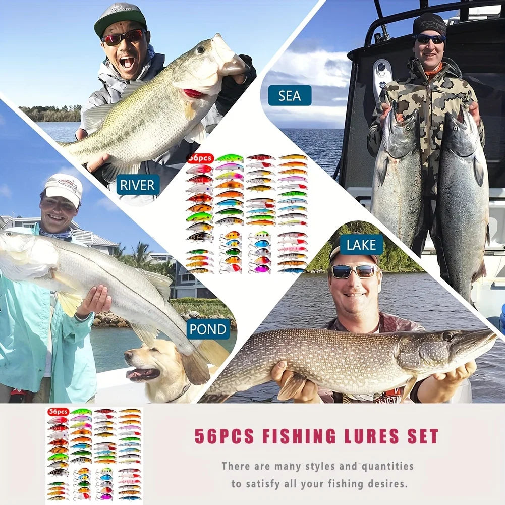 56-Piece Multifunctional Fishing Bait Set – Hooks, Crankbaits, Spinners & Lures | Perfect for Carp, Bass & Multi-Species Fishing
