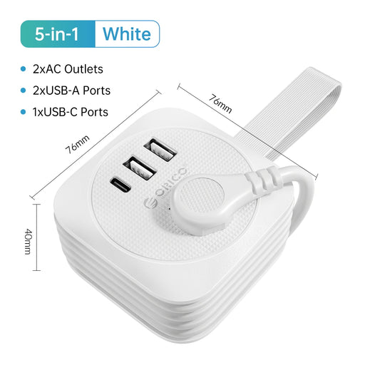 Orico Travel Power Strip – US Plug Extension Socket with 2 USB Ports & Type-C Fast Charge, Compact Multi-Outlet Adapter for Office & Travel