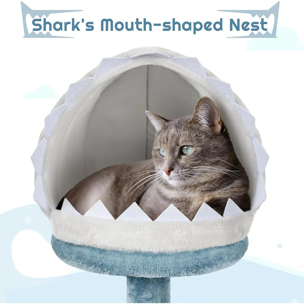 Cat Tree Multi-Level Tower – Plush Furniture with Shark’s Mouth Nest, Sea Star Perch & Jellyfish Hammock for Cats & Kittens