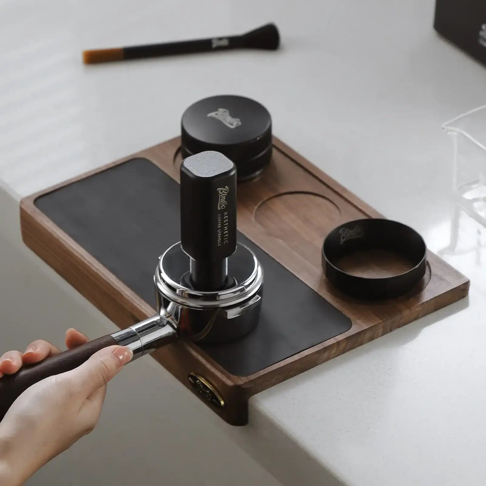 1- Product Title: Wooden Corner Coffee Tamper Mat & Station for 51-58mm Tampers