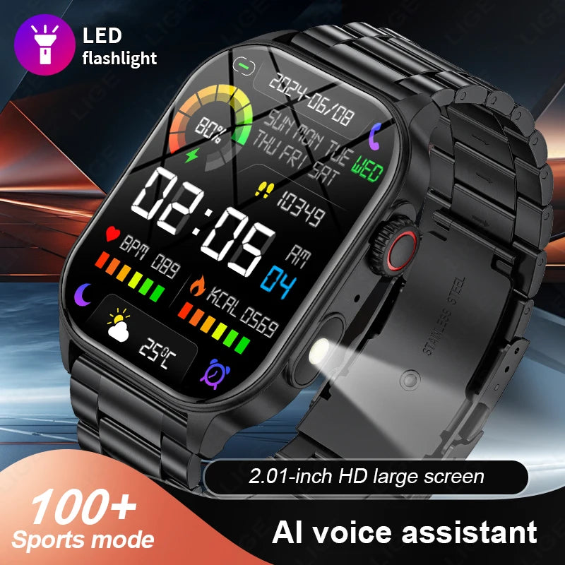 LIGE Smart Watch for Men – 2.01” HD Military Sport Smartwatch with Bluetooth Call, Health Monitor, LED Flashlight & Waterproof Design