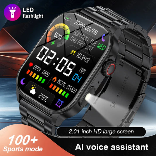 LIGE Smart Watch for Men – 2.01” HD Military Sport Smartwatch with Bluetooth Call, Health Monitor, LED Flashlight & Waterproof Design