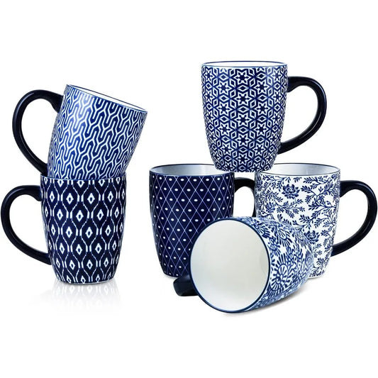 Selamica 16 oz Porcelain Coffee Mugs Set – Pack of 6 Vintage Blue, Dishwasher • Oven • Microwave Safe