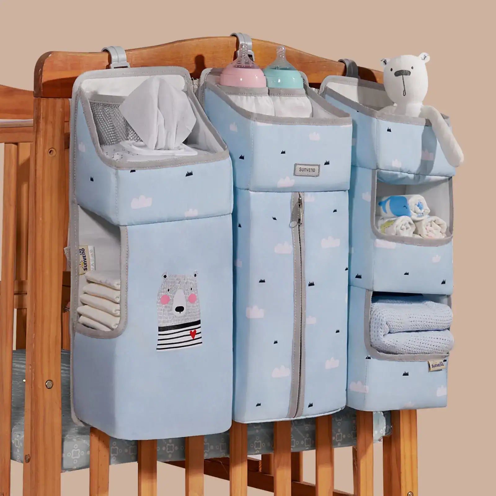 Sunveno Crib Organizer Hanging Storage Bag – Bedside Multi-Pocket Caddy for Baby Essentials