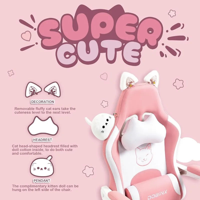Dowinx Gaming Chair with Cat Ears – Cute Pink Ergonomic Computer Chair with Massage Lumbar Pillow, Headrest & Adjustable Armrests