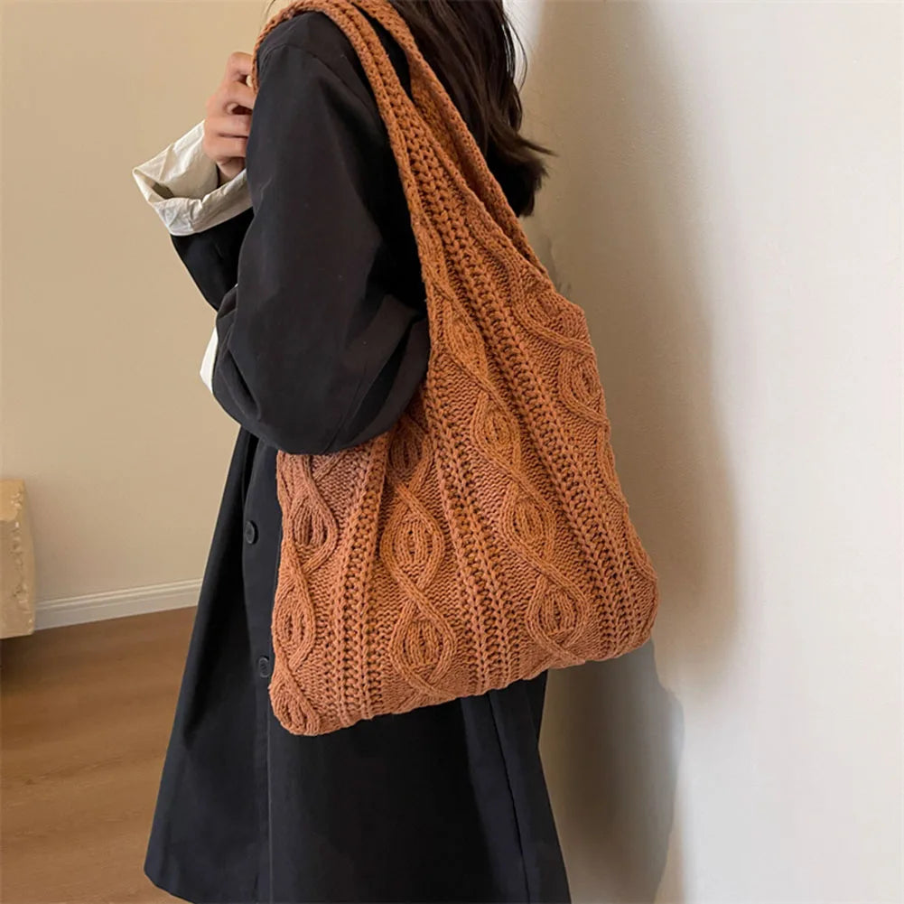 Wool-Knitted Shoulder Shopping Bag for Women – Vintage Cotton Cloth Tote, Large Crochet-Style Shopper Handbag