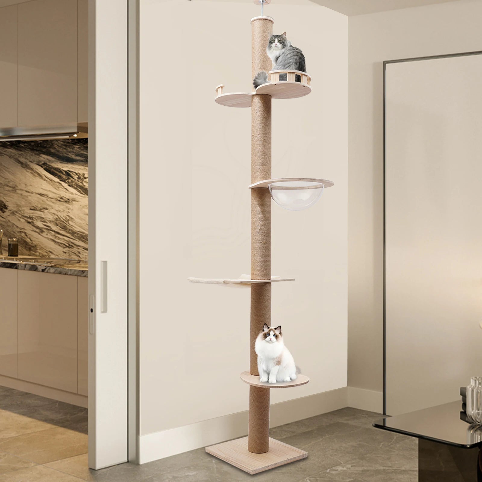 4-Tier Cat Tree Tower – Floor-to-Ceiling Adjustable Climbing Furniture with Sisal Rope Scratching Posts for Indoor Cats & Kittens