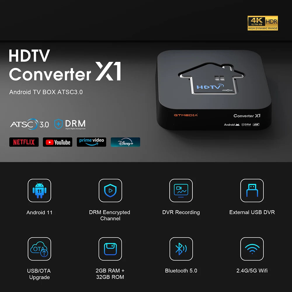 GTMEDIA X1 Android 11 TV Box – ATSC 3.0 HDTV Converter & Smart Decoder with WiFi, DVR Recording & Free-to-Air Support (US/KR)