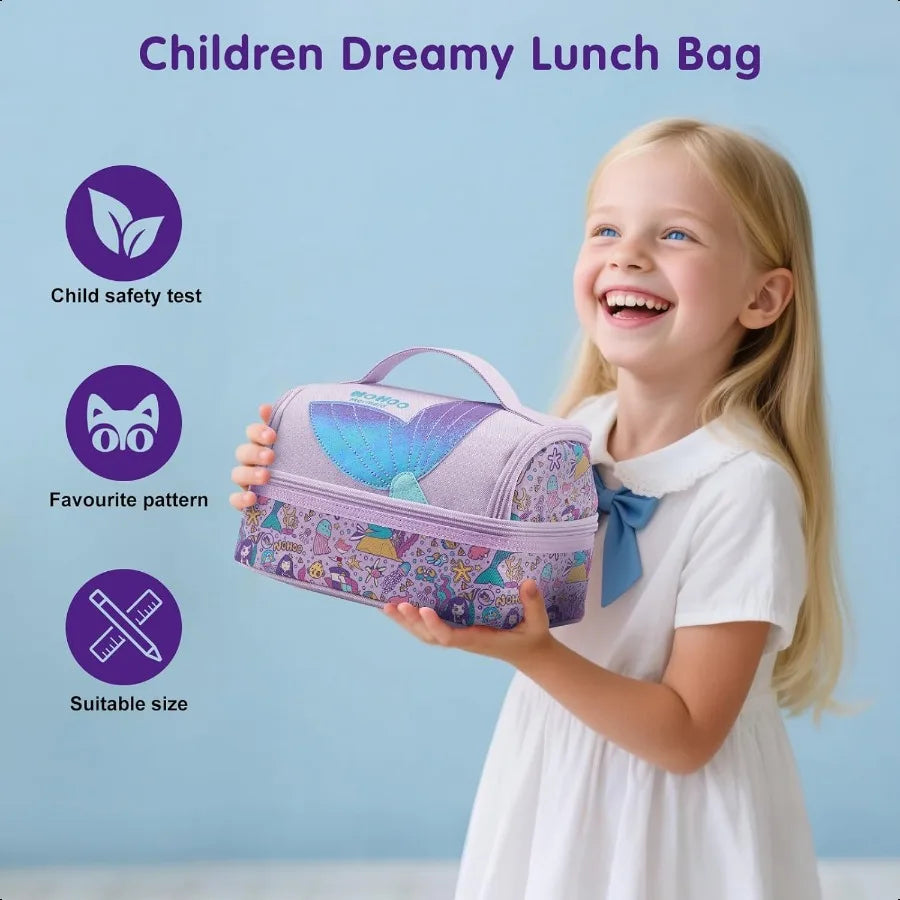 NOHOO Kids Insulated Lunch Bag – Small Reusable Purple Mermaid Print for Girls Toddlers School & Daycare