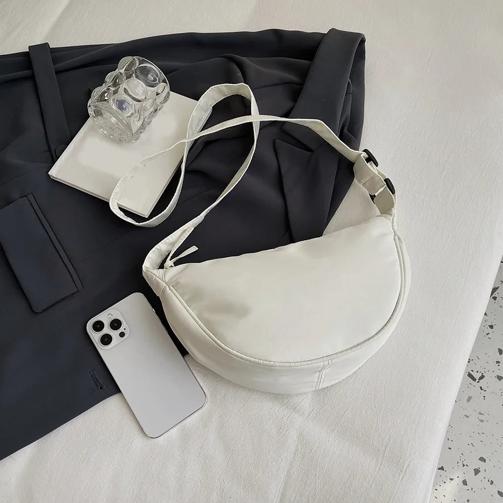 Women’s Crescent-Shape Nylon Shoulder & Crossbody Bag – Simple Elegant Daily Handbag