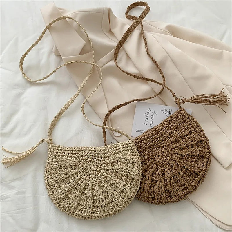 Half-Moon Woven Straw Crossbody Bag – Summer Beach Rattan Tote for Women