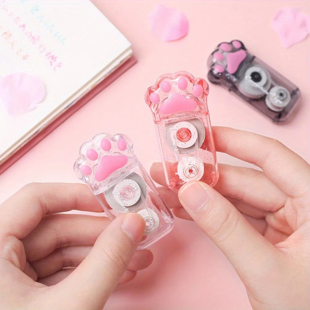 3-Piece Cute Cat Paw Correction Tape Set – White-Out Roller for School & Office