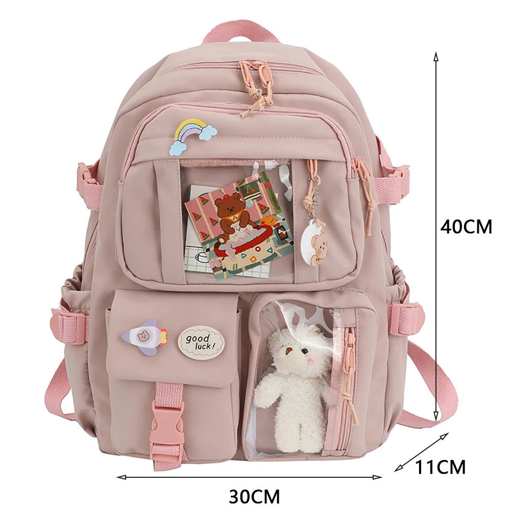 Cute Preppy Nylon Backpack for Women – Large Capacity Multi-Pocket Schoolbag