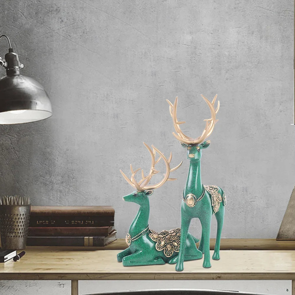 Blue-Green Resin Deer Sculpture – Elegant Reindeer Figurine for Modern Home & Office Décor