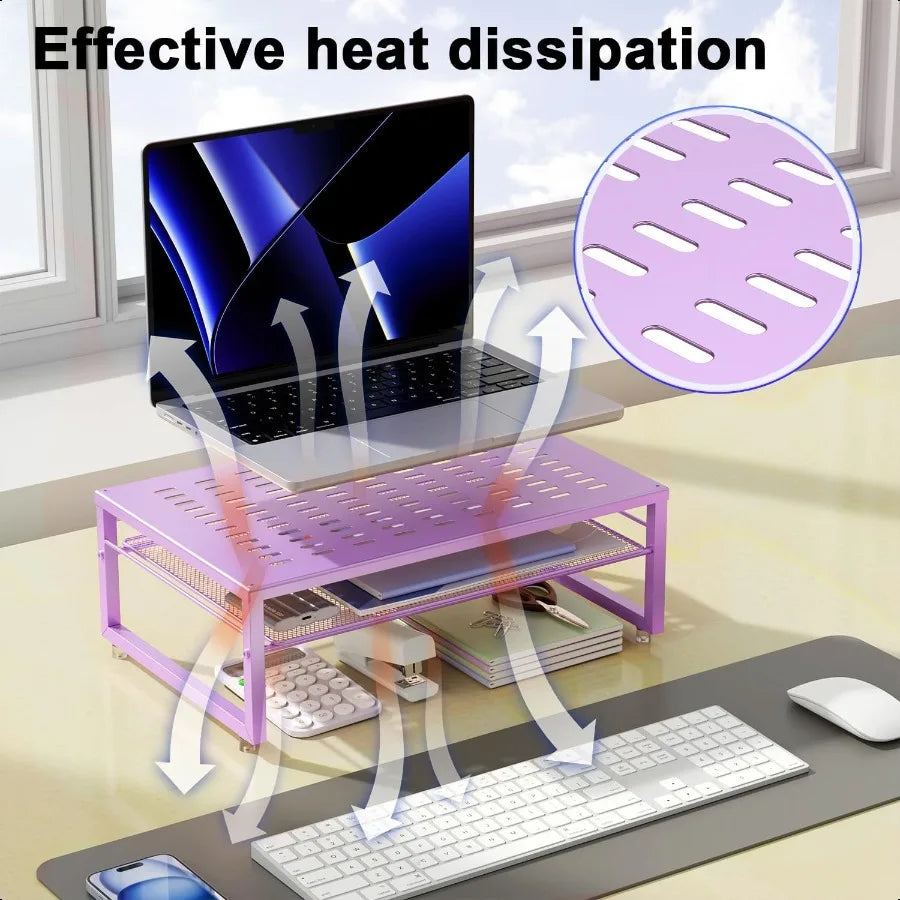 2-Tier Metal Monitor Stand Riser – Office Desk Storage Organizer for Computer, Laptop & Printer with Purple Finish