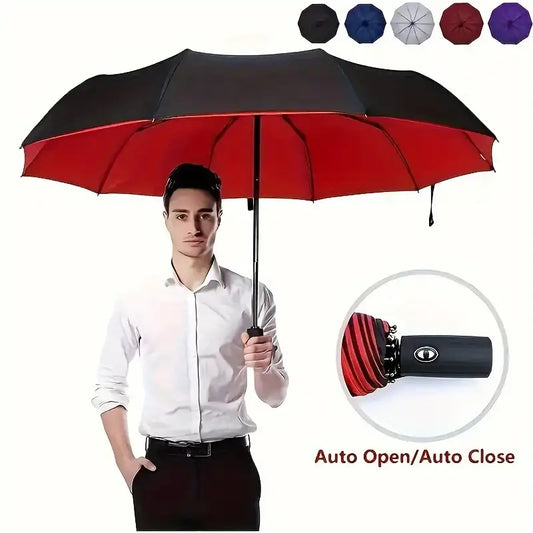 Ultimate Wind-Resist Automatic Oversized Travel Umbrella – 10-Rib Reinforced, UV Protection & Compact Fold
