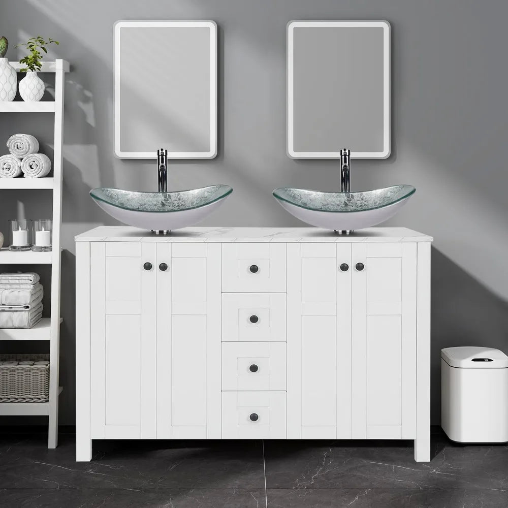 48" White Bathroom Vanity – Marble-Texture Top, 4 Drawers & Double Glass Vessel Sinks (Modern Standing Cabinet)