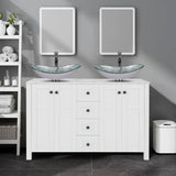 48" White Bathroom Vanity – Marble-Texture Top, 4 Drawers & Double Glass Vessel Sinks (Modern Standing Cabinet)